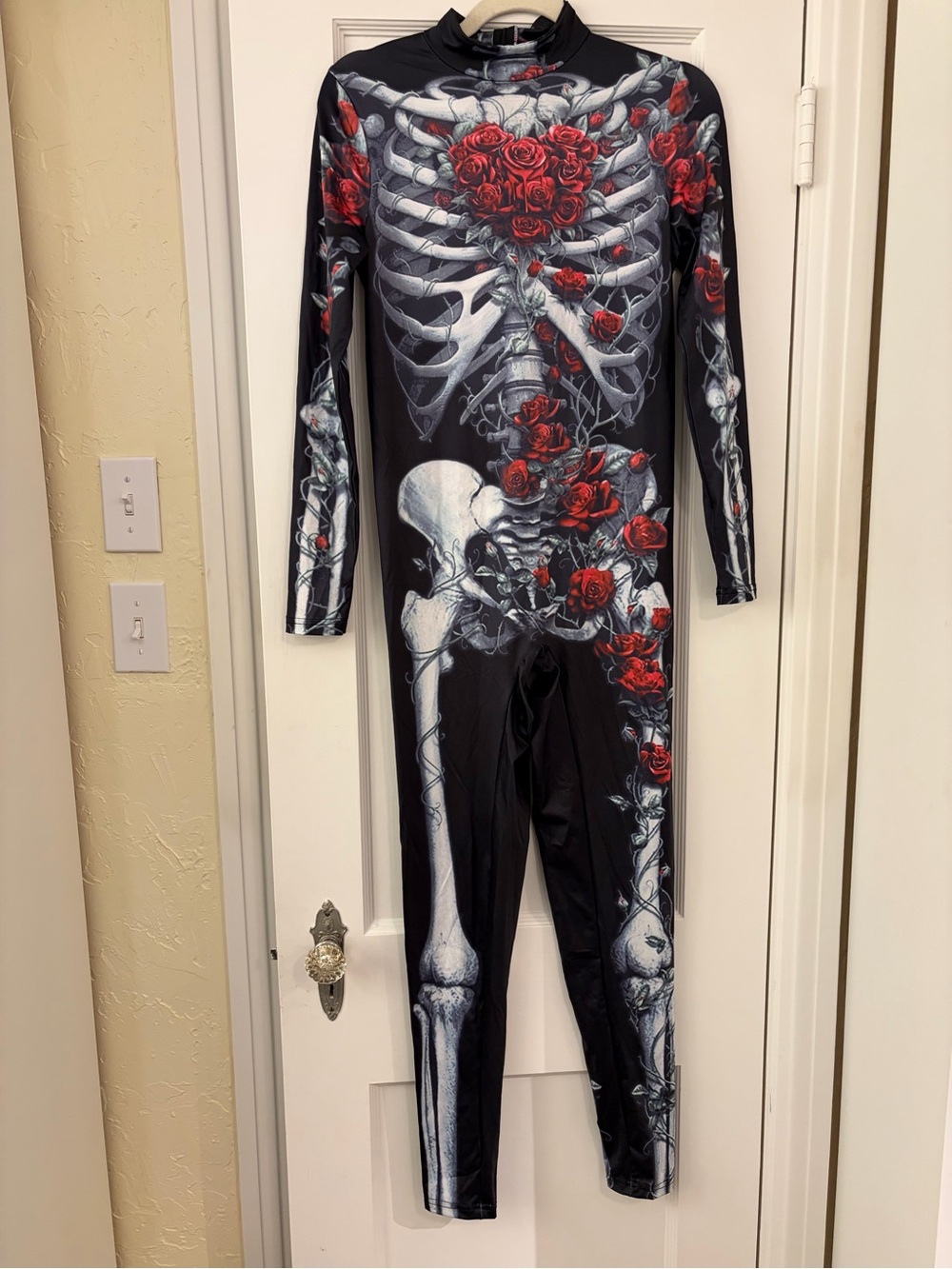 Skeleton Red Rose Catsuit Halloween Costume Long Sleeve Jumpsuit Size S/M